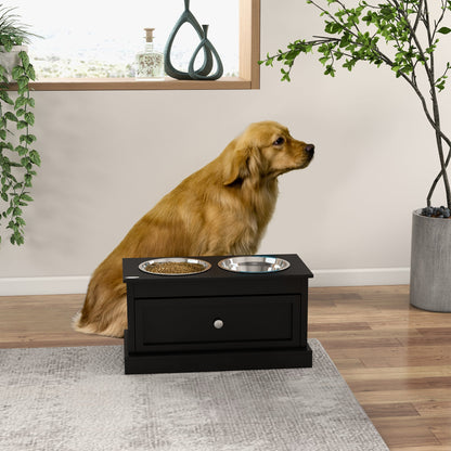 PawHut large elevated dog bowls with storage drawer on black stand, two silver bowls on Tampa Home & Garden Store