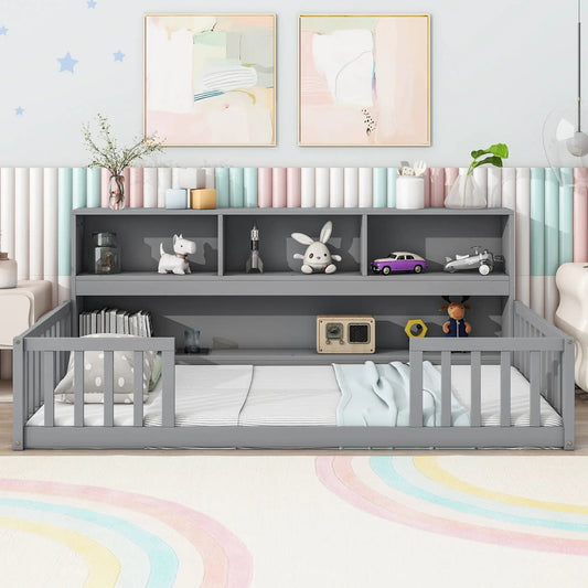 Floor bed with bedside bookcase and guardrails gray storage bed for kids on Tampa Home & Garden Store