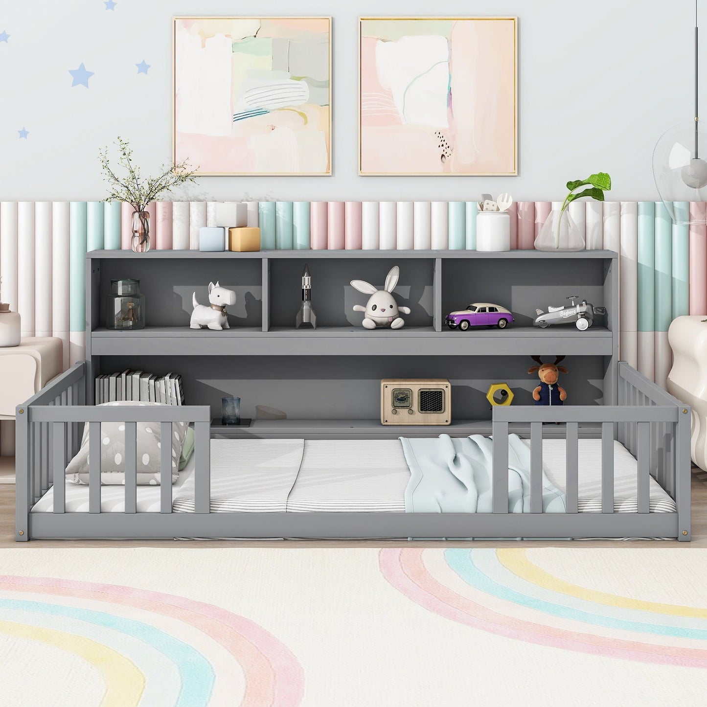 Floor Bed with a Bookcase and Side Guardrails