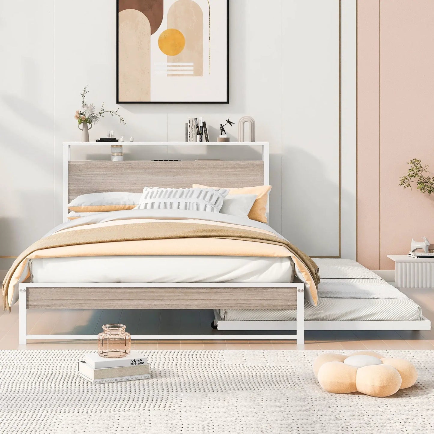 Platform Bed Frame With Trundle and USB Ports