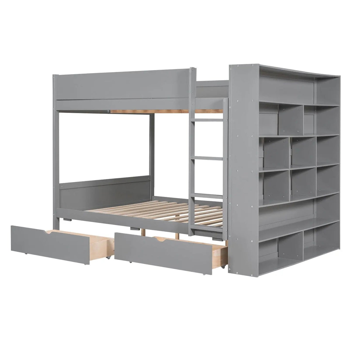 Gray metal bunk bed with two under-bed drawers and built-in multi-layer storage cabinet on Tampa Home & Garden Store