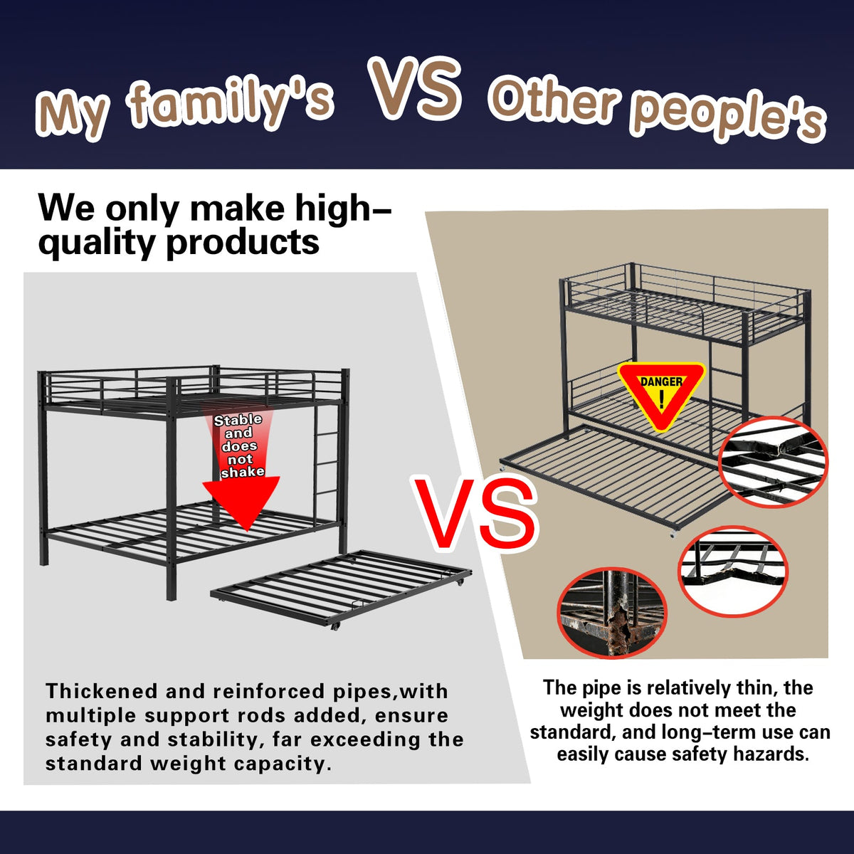HouseOfZazla durable square-tube iron full-size bunk bed frame, black metal with guard rails on Tampa Home & Garden Store