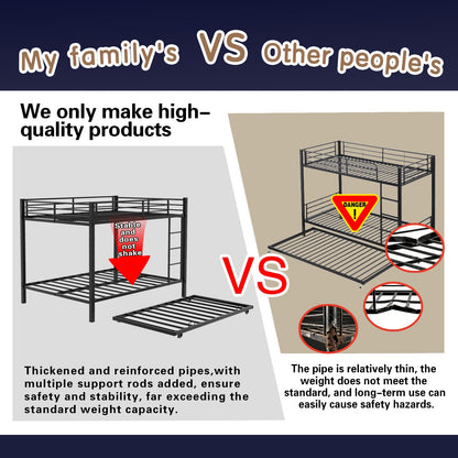 HouseOfZazla durable square-tube iron full-size bunk bed frame, black metal with guard rails on Tampa Home & Garden Store