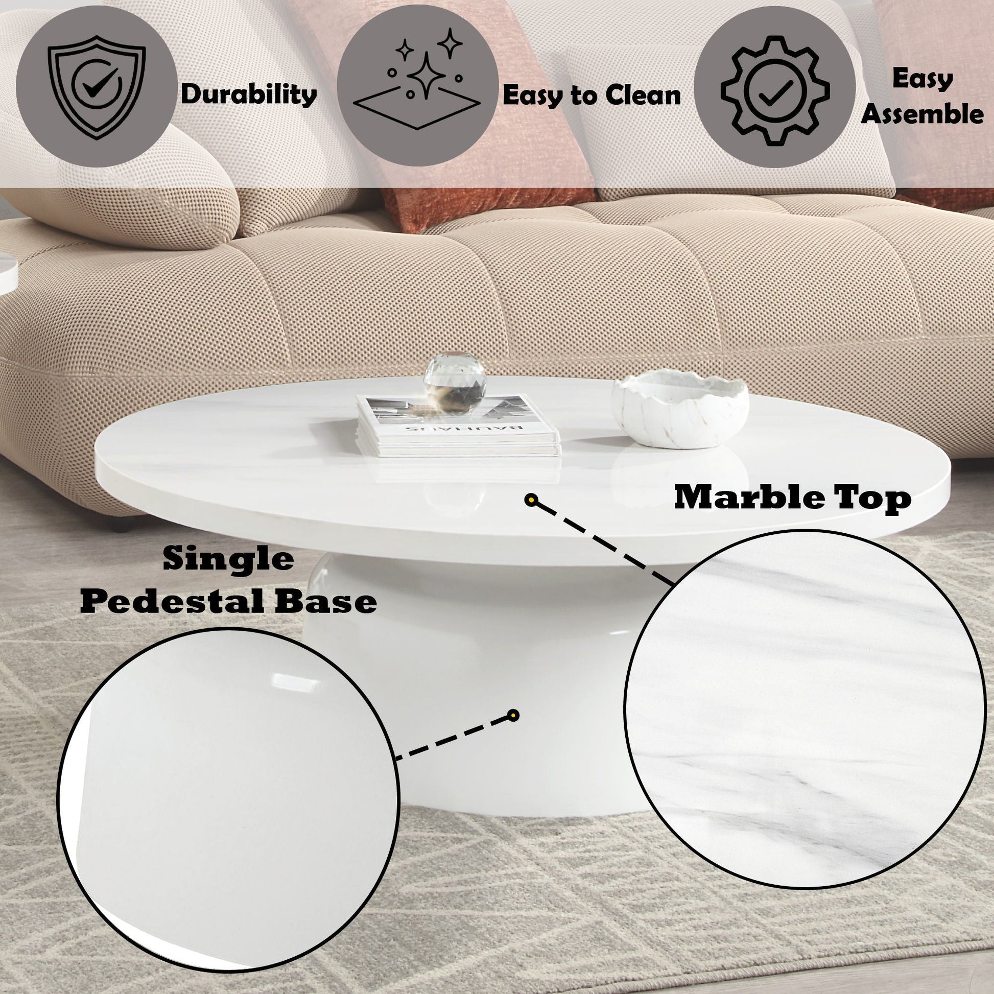 Zaid Engineering Marble High Gloss Table round white marble top single pedestal base coffee table on Tampa Home & Garden Store