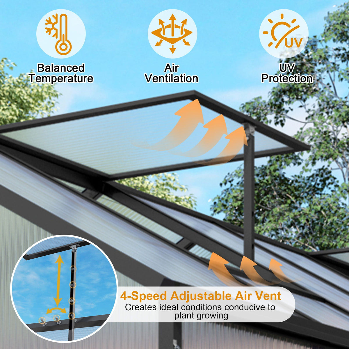 Windproof greenhouse with raised base, black frame and polycarbonate panels; 4-speed vent on Tampa Home & Garden Store