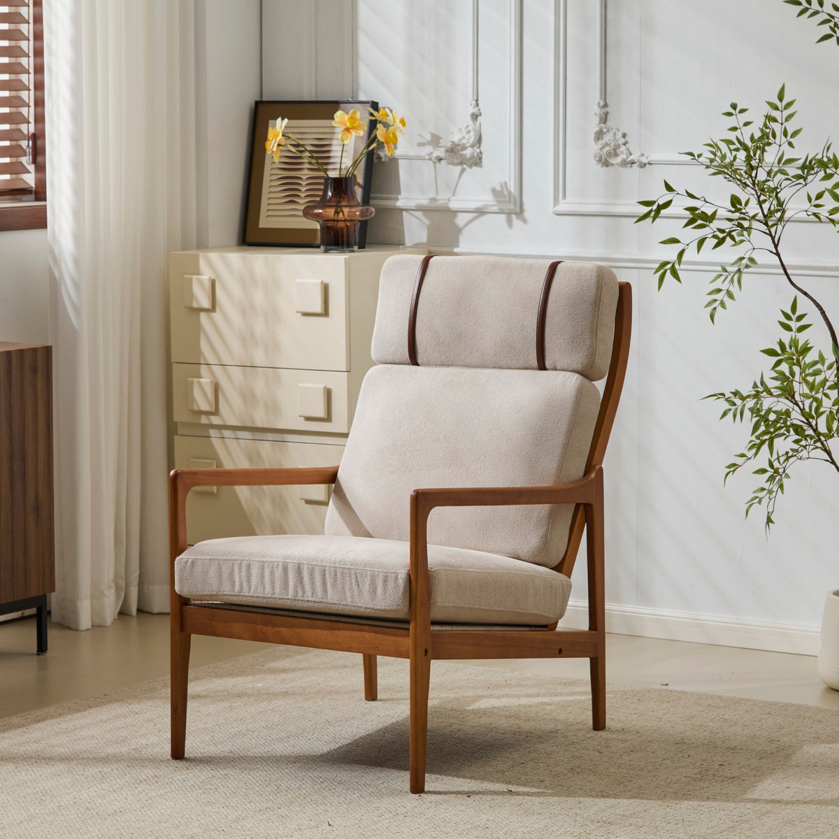 Two mid-century modern accent armchairs in beige fabric with walnut wood frames and curved arms on Tampa Home & Garden Store