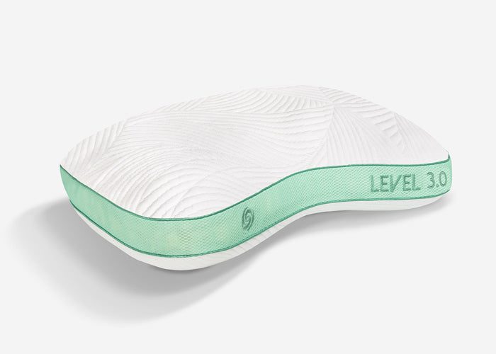 BedGear Level Performance Cuddle Curve Pillow Size 3.0, white curved backrest with mint strap on Tampa Home & Garden Store