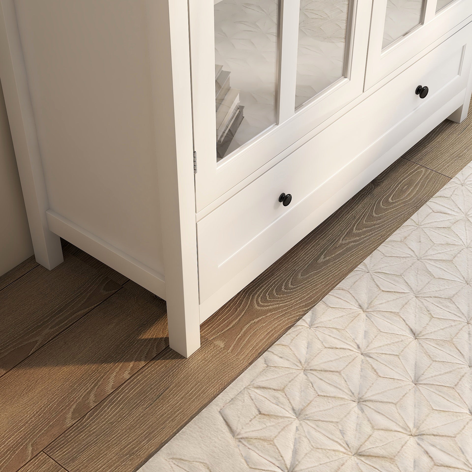 Buffet storage cabinet white with double glass doors and black knob handles on Tampa Home & Garden Store