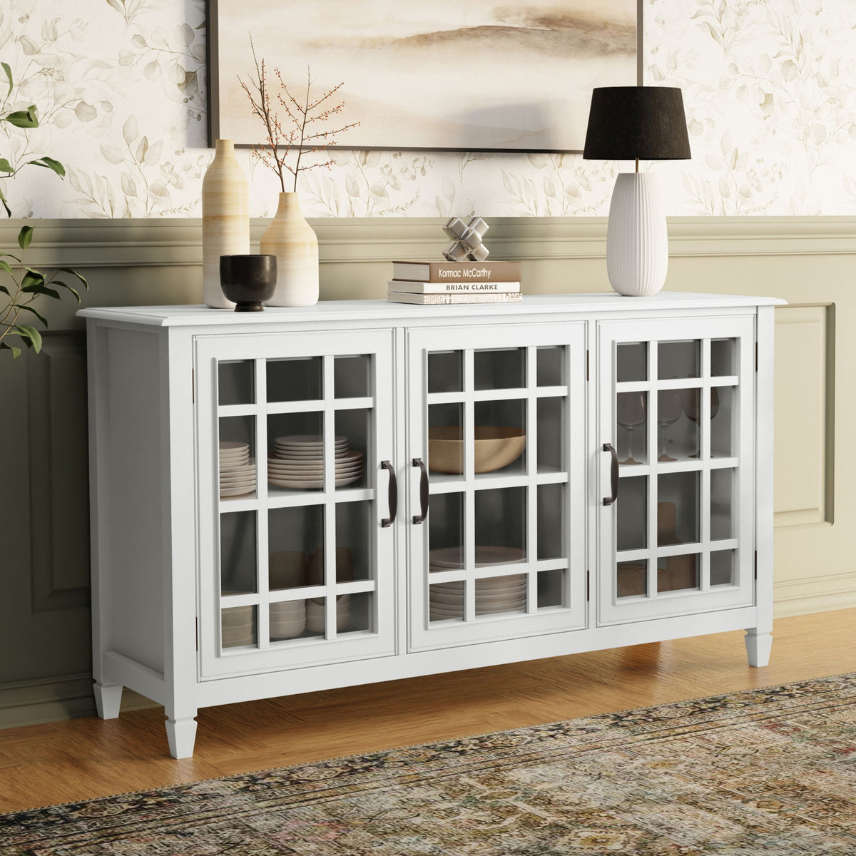 Traditional white buffet cabinet with glass-front grid doors and adjustable glass shelves on Tampa Home & Garden Store