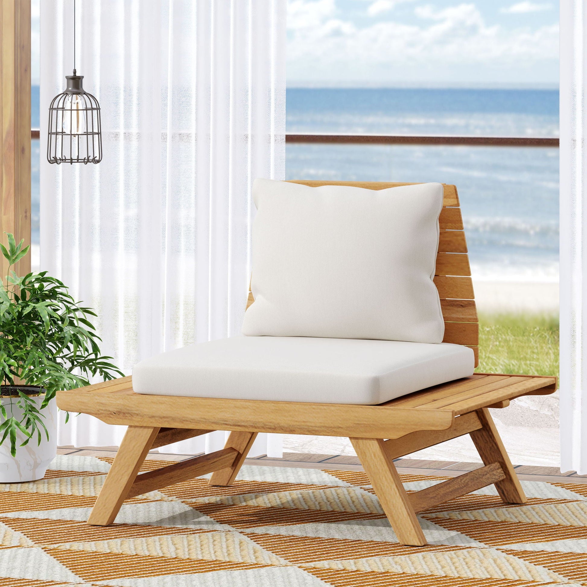 Sedona Outdoor Club Chair Slatted Design armless wooden frame cream cushions HouseOfZazla on Tampa Home & Garden Store