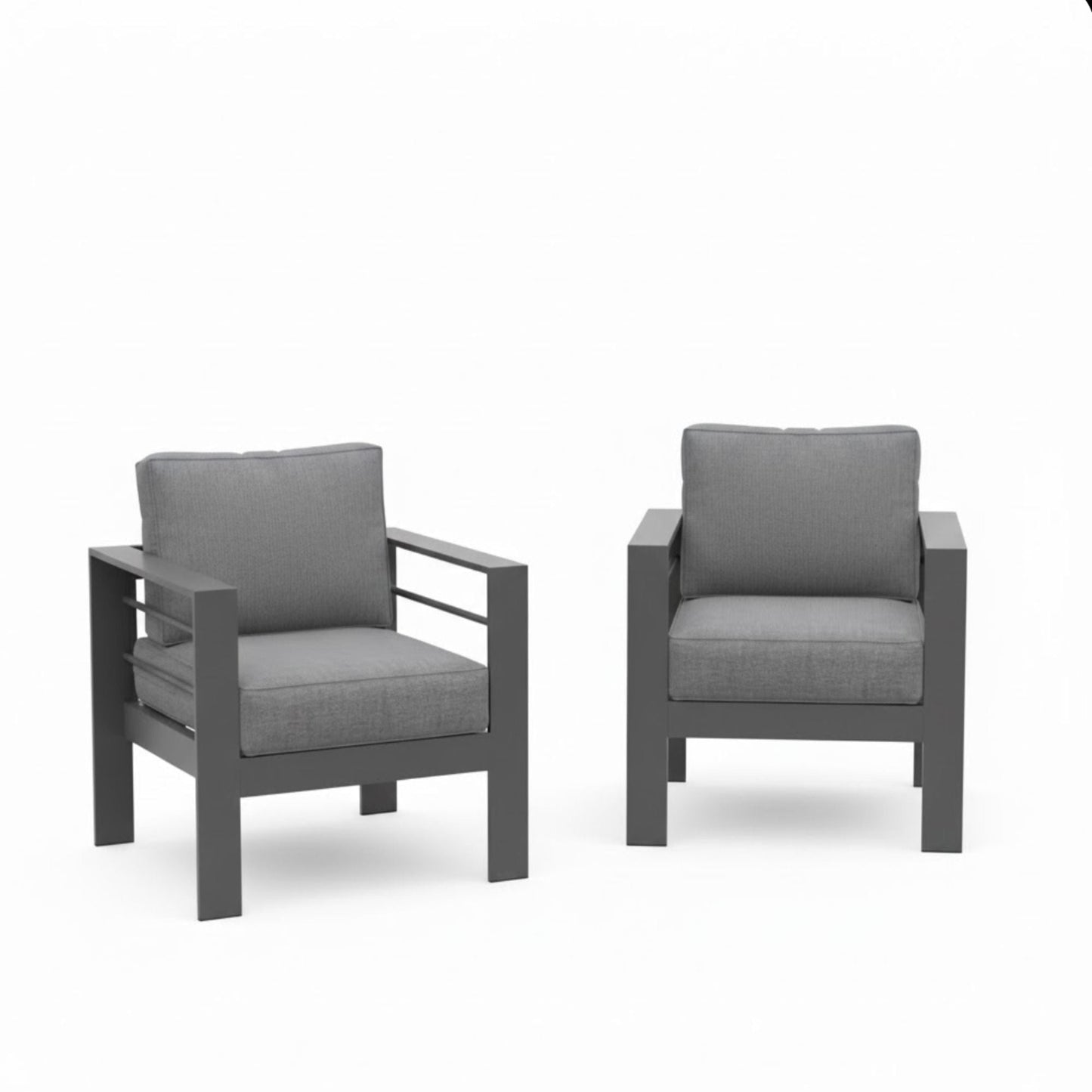 Patio armchairs set of 2 with thick gray cushions and all-weather dark gray frames on Tampa Home & Garden Store