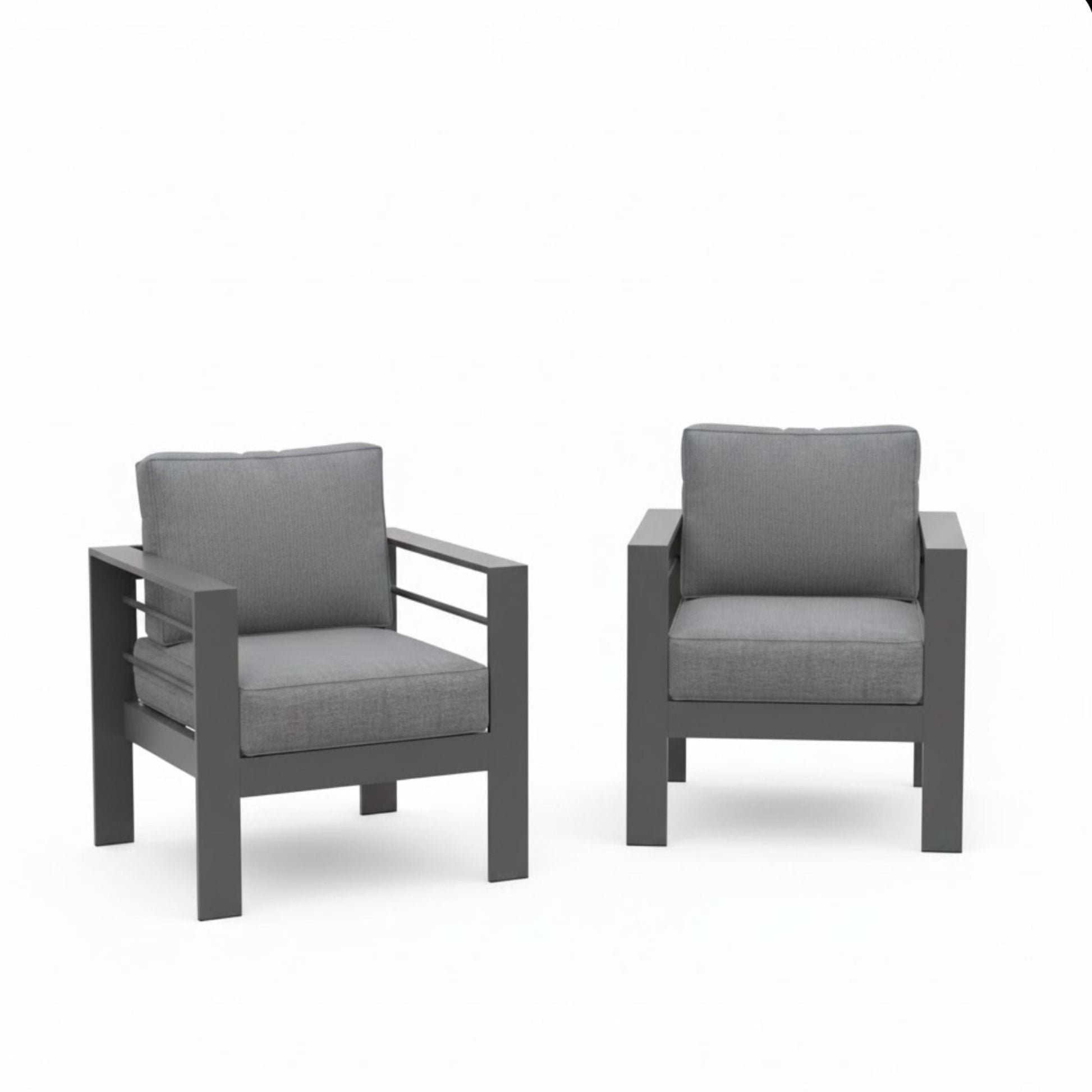 Patio armchairs set of 2 with thick gray cushions and all-weather dark gray frames on Tampa Home & Garden Store