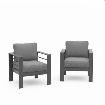 Patio armchairs set of 2 with thick gray cushions and all-weather dark gray frames on Tampa Home & Garden Store