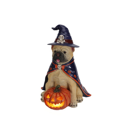 Halloween Bulldog Witch Statue with LED light-up jack-o'-lantern and purple hat and cape on Tampa Home & Garden Store
