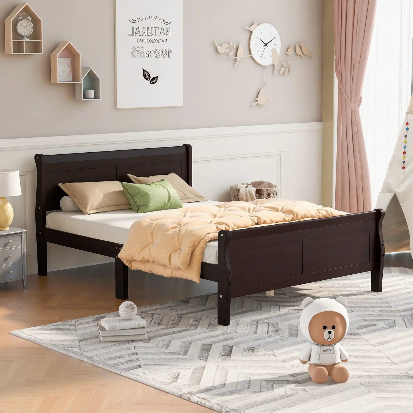 Two dark wood platform bed frames with headboards and footboards, wood slat support on Tampa Home & Garden Store