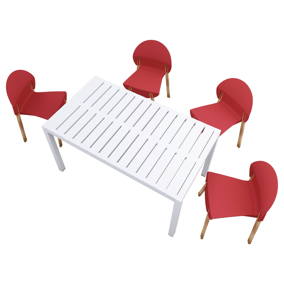 4-piece outdoor set with red ergonomic polypropylene chairs and white slatted table on Tampa Home & Garden Store