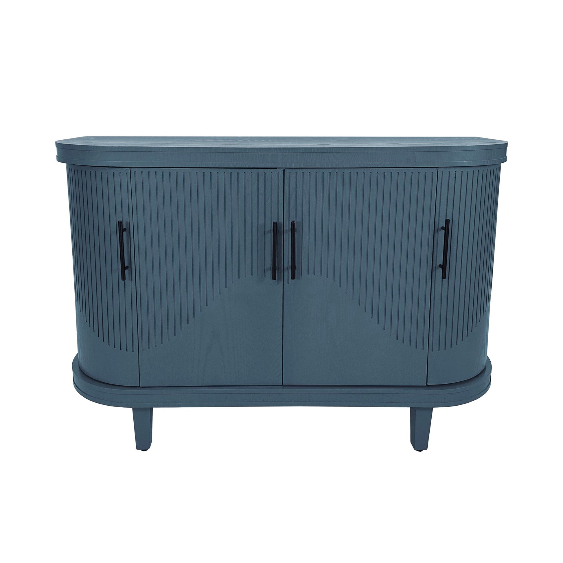 Curved blue wooden sideboard with four ribbed doors and adjustable shelves for living room on Tampa Home & Garden Store