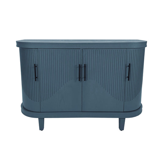 Curved blue wooden sideboard with four ribbed doors and adjustable shelves for living room on Tampa Home & Garden Store