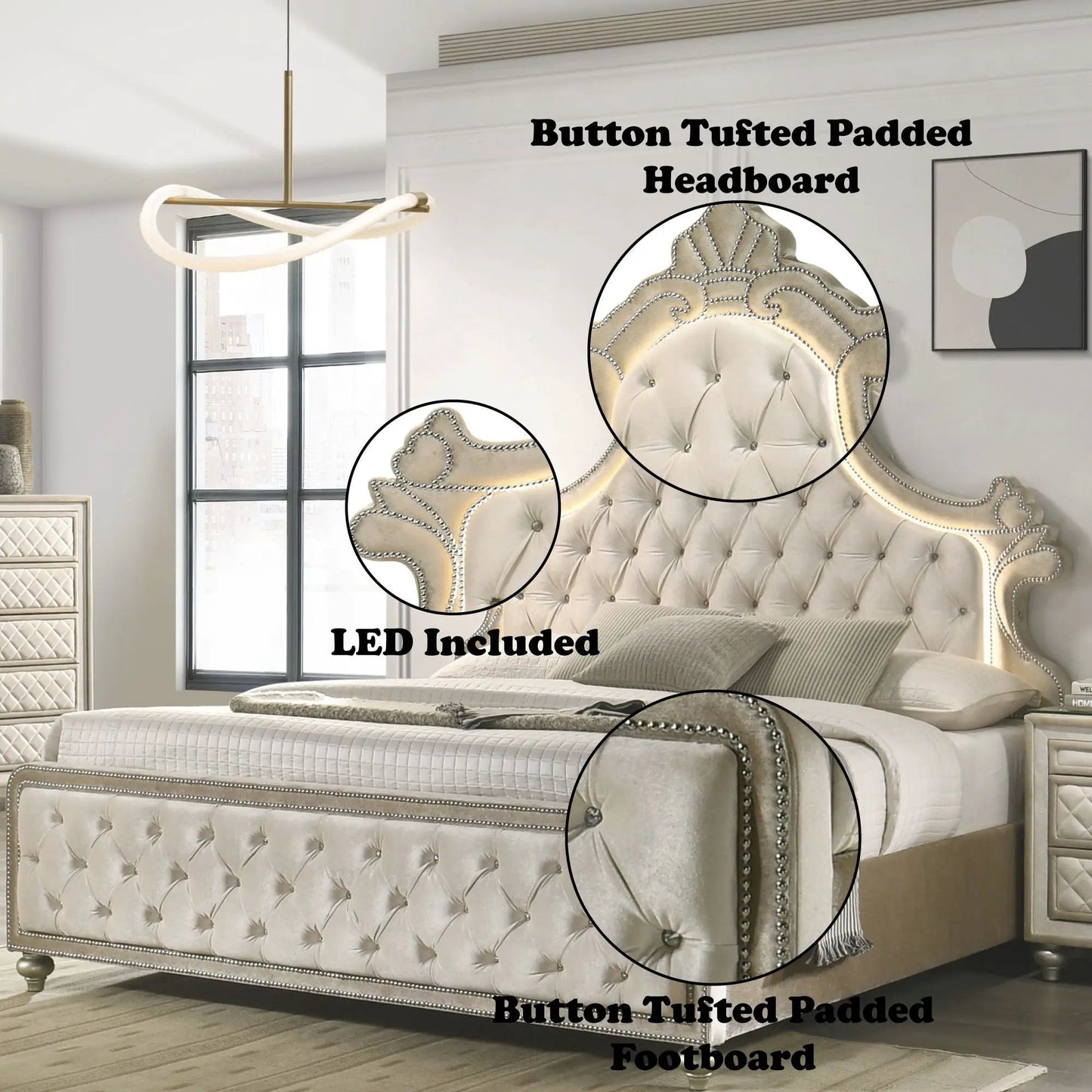 Lucienne tufted upholstered bed with LED lighting by Unique Piece Furniture on Tampa Home & Garden Store