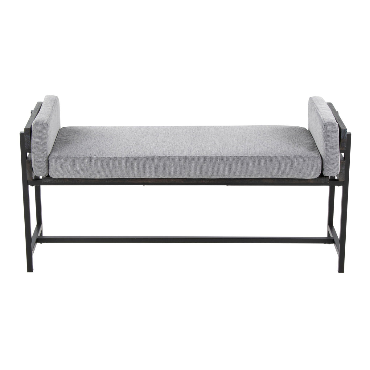 Farmhouse Luxe Upholstered Bench gray fabric with wood panel accent and black metal frame on Tampa Home & Garden Store