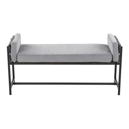 Farmhouse Luxe Upholstered Bench gray fabric with wood panel accent and black metal frame on Tampa Home & Garden Store