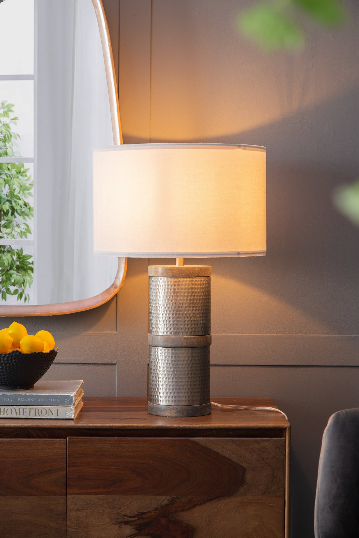 D16x24.4 Hammered iron table lamp with mango wood base and shade HouseOfZazla lighting on Tampa Home & Garden Store