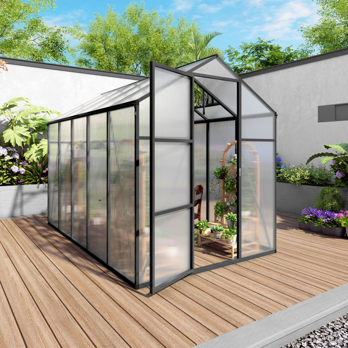 Windproof greenhouse with raised base, black frame, polycarbonate panels on Tampa Home & Garden Store