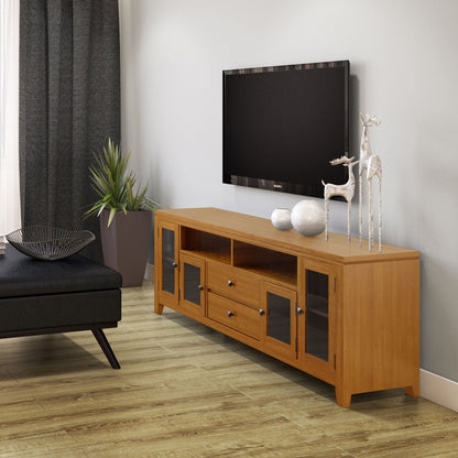 Wide Handcrafted Solid Wood Media Stand and Shelf with doors under Sony TV in living room on Tampa Home & Garden Store