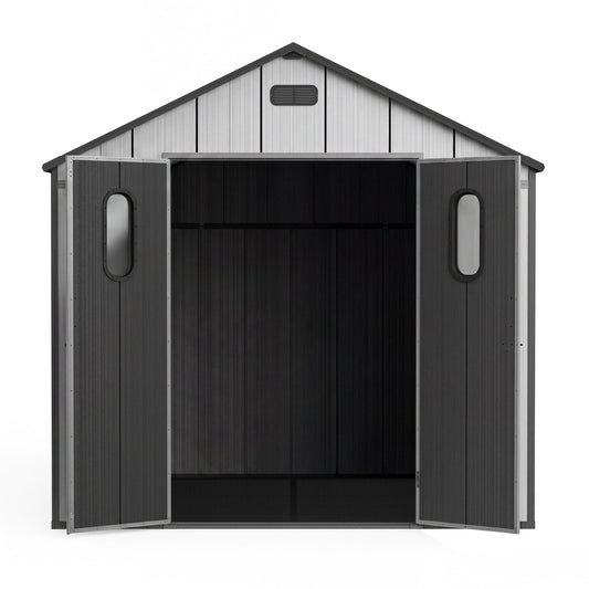 8x8 ft resin outdoor storage shed with floor, gray vertical siding, vent, open double doors HouseOfZazla on Tampa Home & Garden Store
