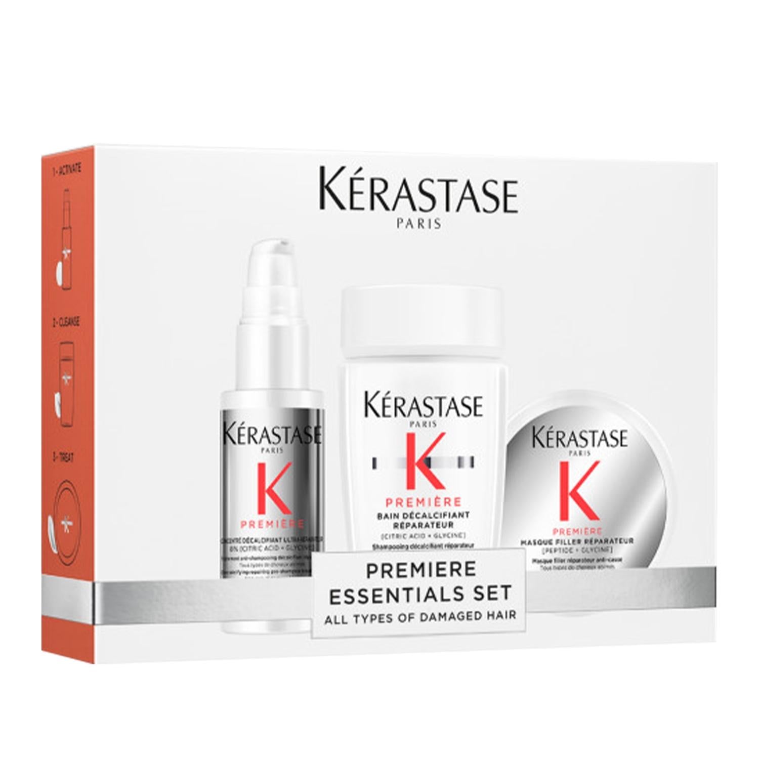 Kerastase Premiere Essentials Set hair care kit; white bottles with red K logos on Tampa Home & Garden Store
