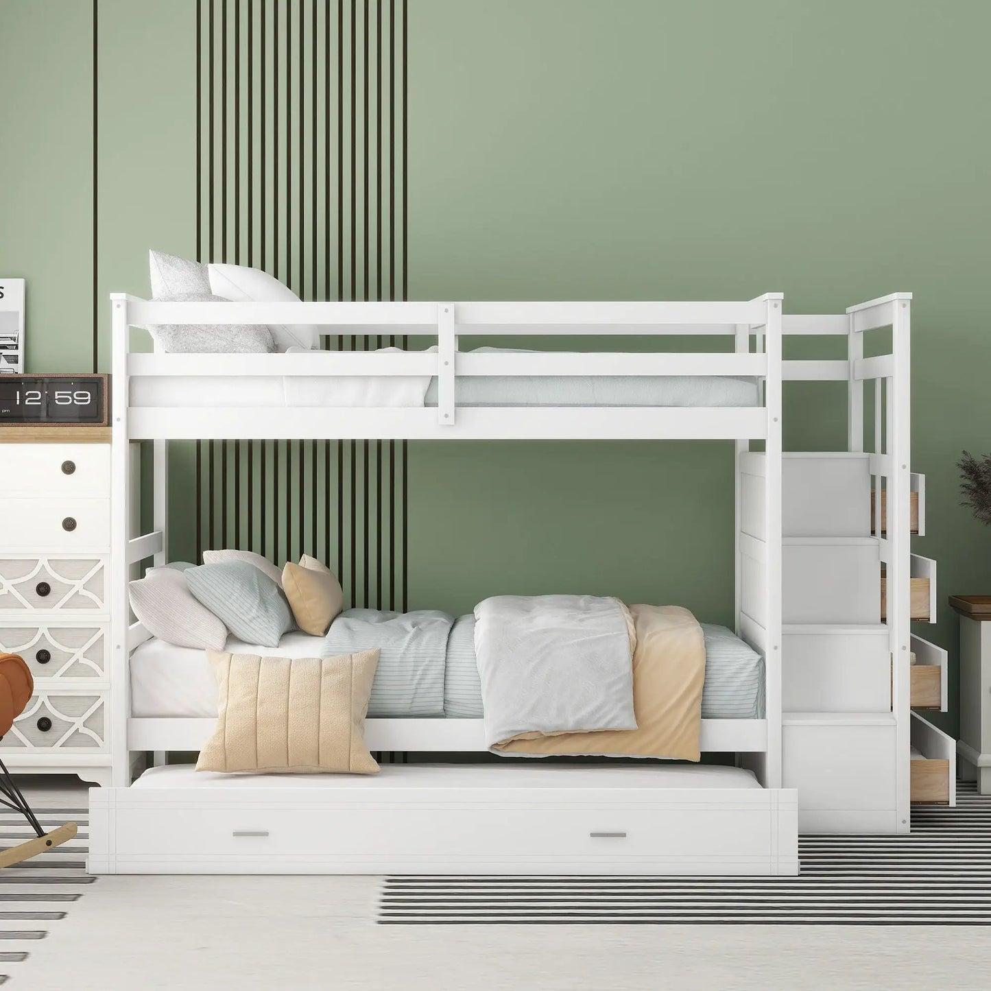 Twin over twin bunk bed with trundle and staircase in white finish by Unique Piece Furniture on Tampa Home & Garden Store