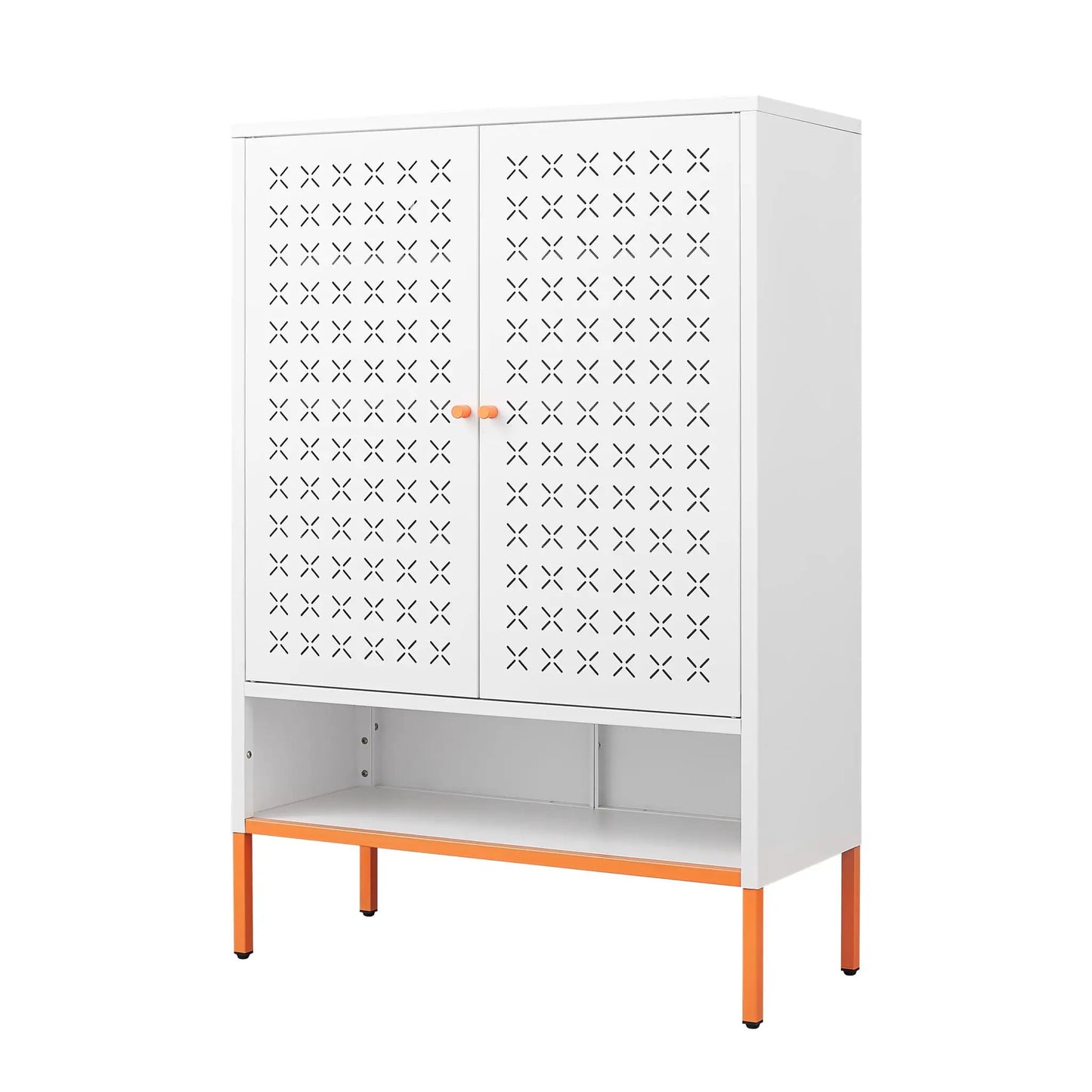 White metal shoe cabinet with grid doors and adjustable compartments by Unique Piece Furniture, orange legs on Tampa Home & Garden Store