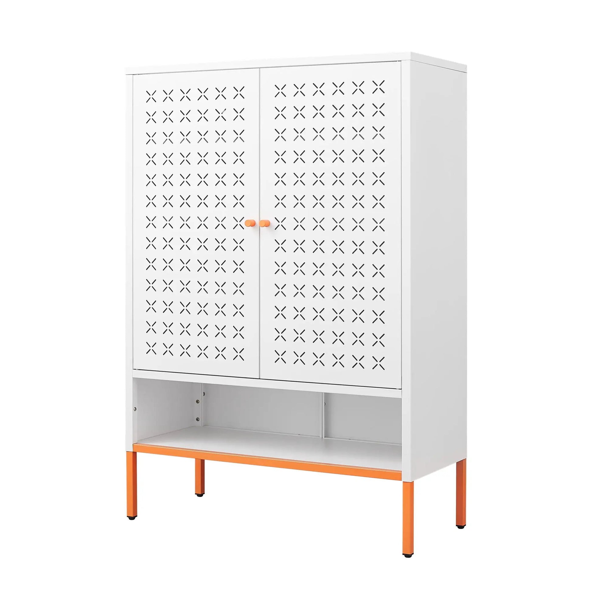 White metal shoe cabinet with grid doors and adjustable compartments by Unique Piece Furniture, orange legs on Tampa Home & Garden Store