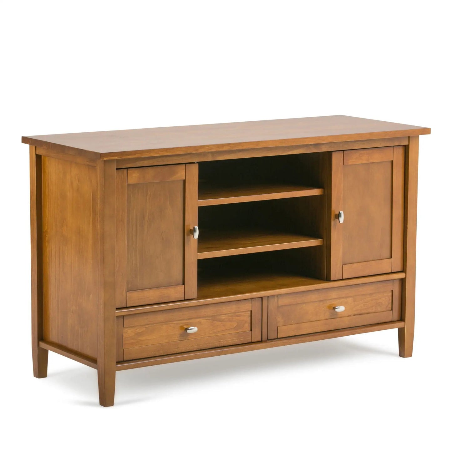 Warm shaker-style TV media stand in wood with shelves and drawers by Unique Piece Furniture on Tampa Home & Garden Store