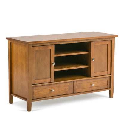 Warm shaker-style TV media stand in wood with shelves and drawers by Unique Piece Furniture on Tampa Home & Garden Store