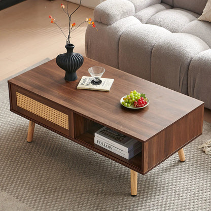 Coffee table 41.34-inch with sliding storage, rattan panels, solid wood legs on Tampa Home & Garden Store