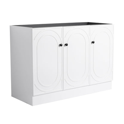 Freestanding vanity by HouseOfZazla, white with black knobs and panel doors, dark top on Tampa Home & Garden Store