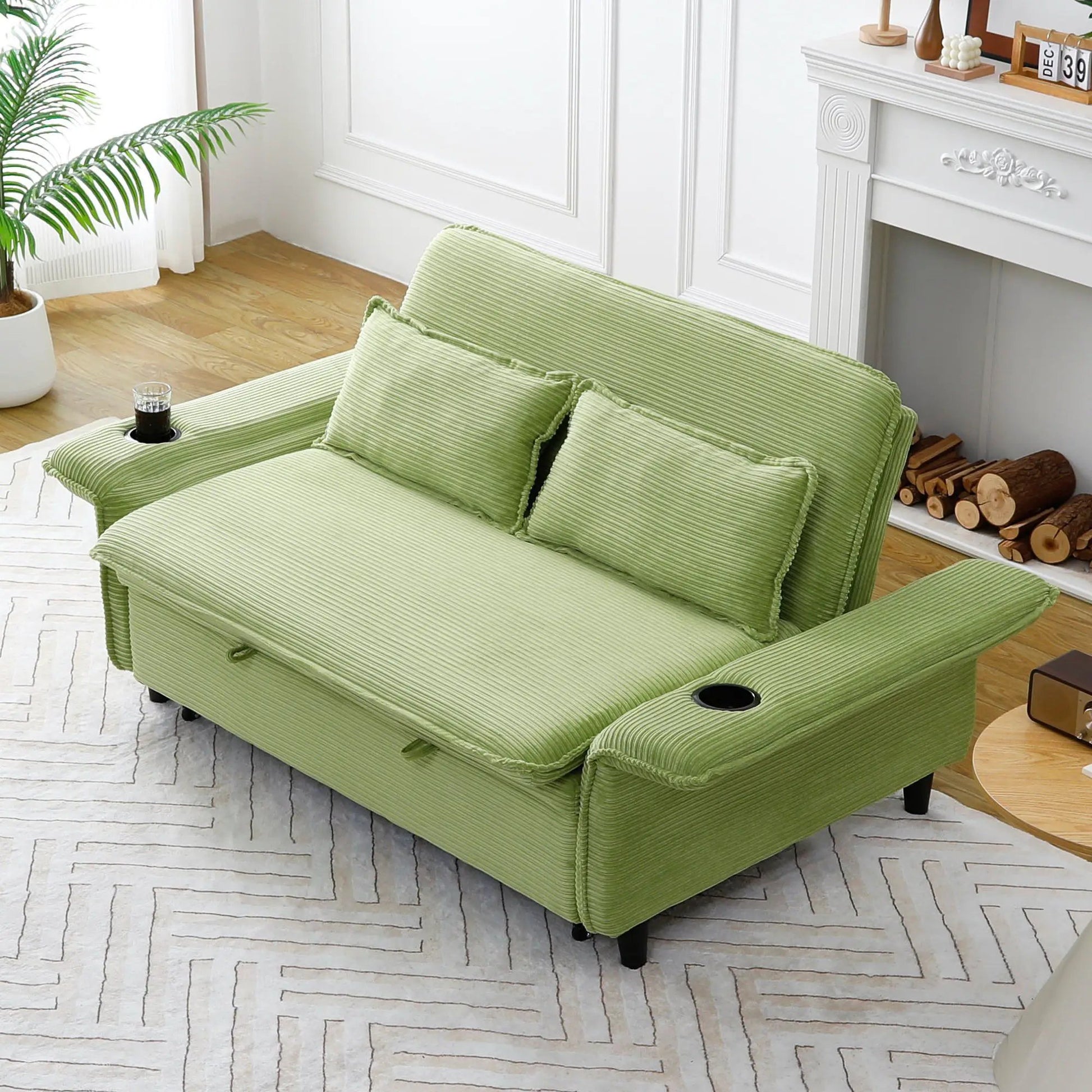 Sleeper sofa bed in green fabric with adjustable arms and backrests by Unique Piece Furniture on Tampa Home & Garden Store