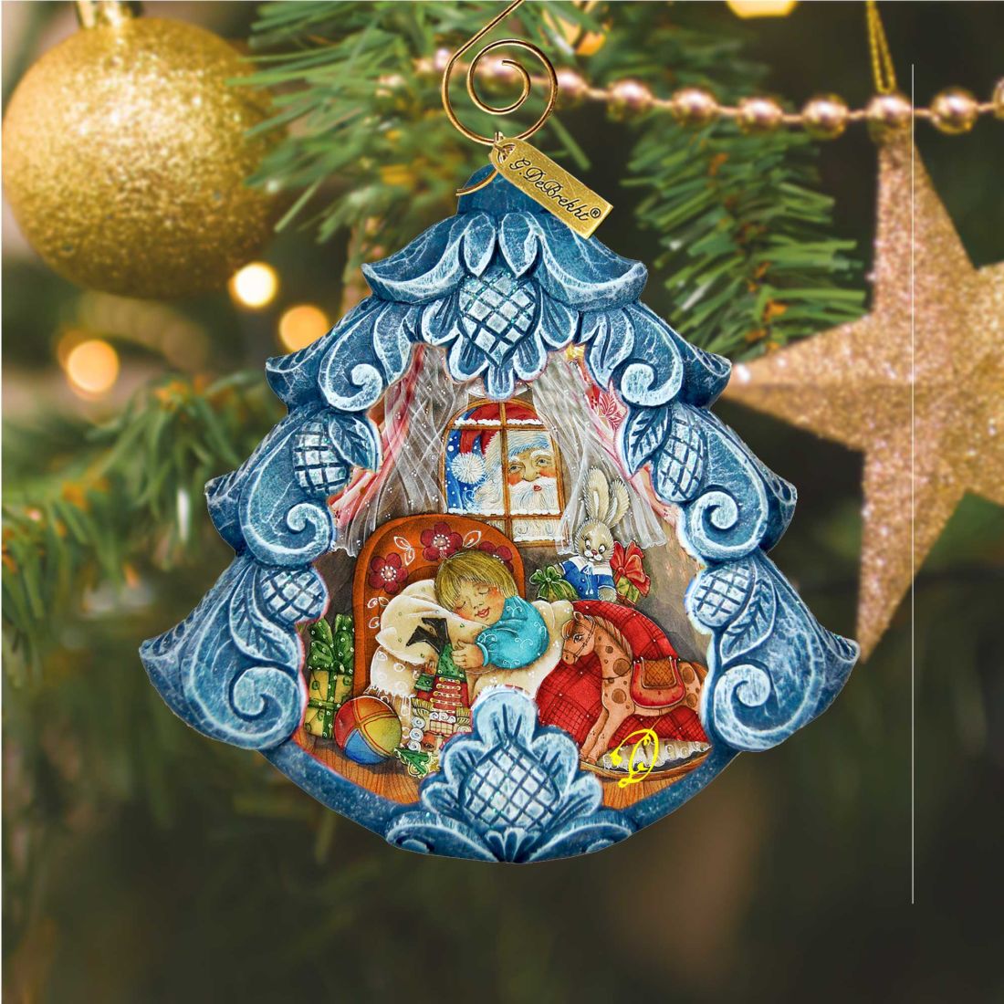 G. DeBrekht Night Before Hand-Painted Christmas Tree Ornament, blue frame on Tampa Home & Garden Store