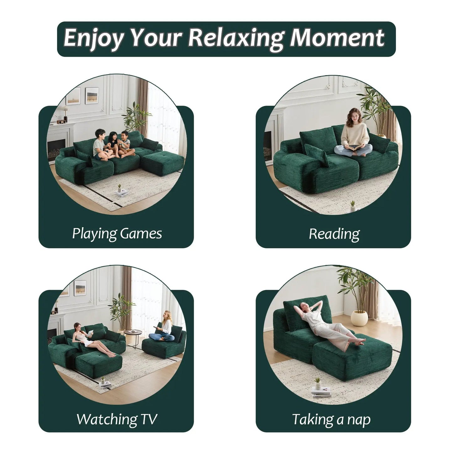 2-piece green sofa sectional by Unique Piece Furniture in a modern living room on Tampa Home & Garden Store