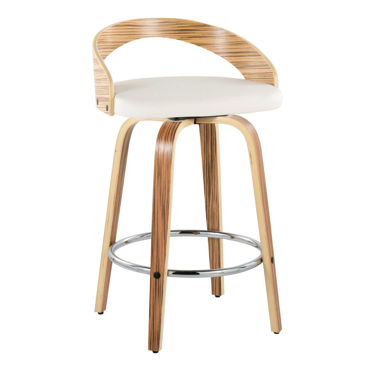 Mid Century Modern counter stools curved zebra wood back beige cushion swivel set of 2 on Tampa Home & Garden Store