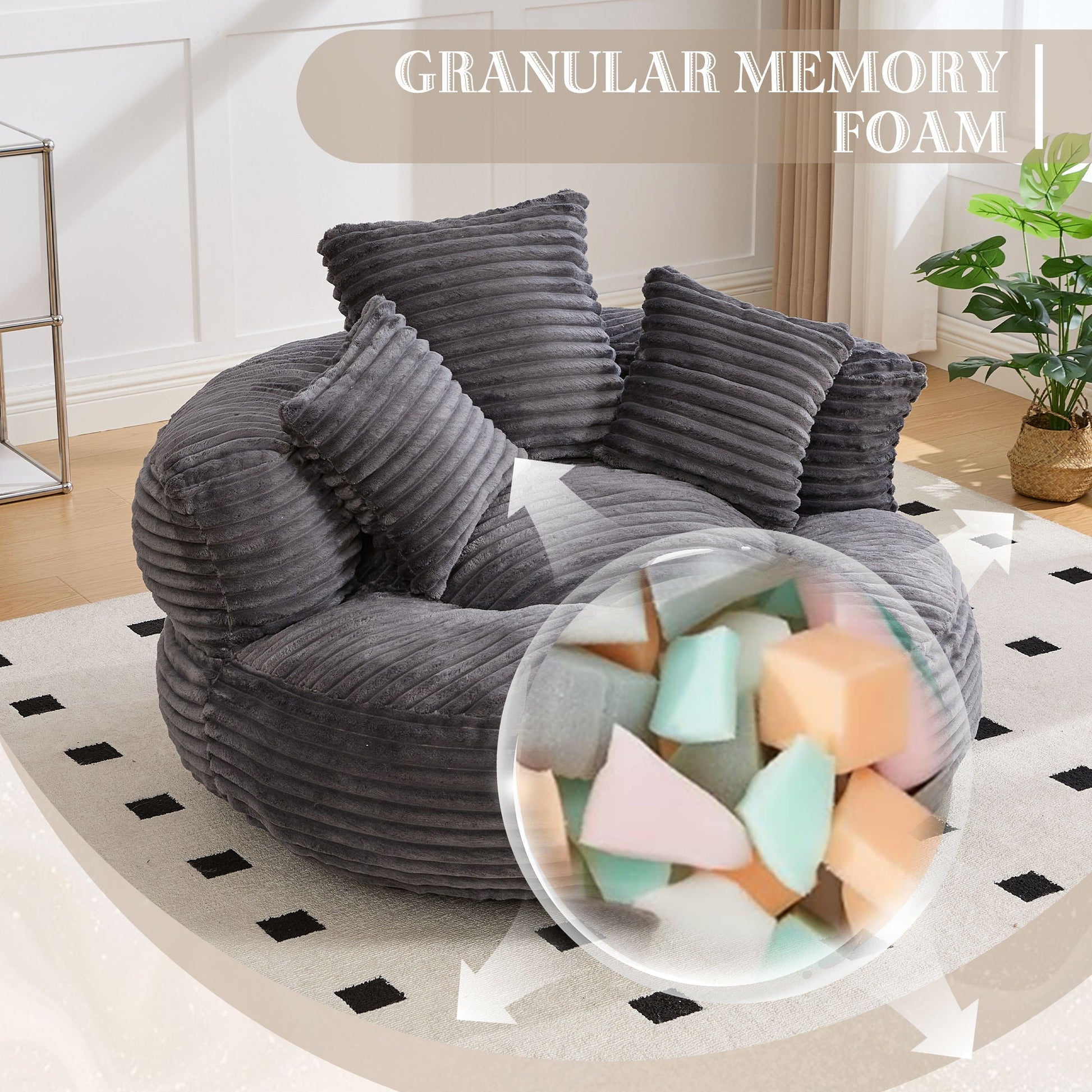 Oversized dark gray corduroy bean bag chair with 3 pillows and built-in armrest on Tampa Home & Garden Store