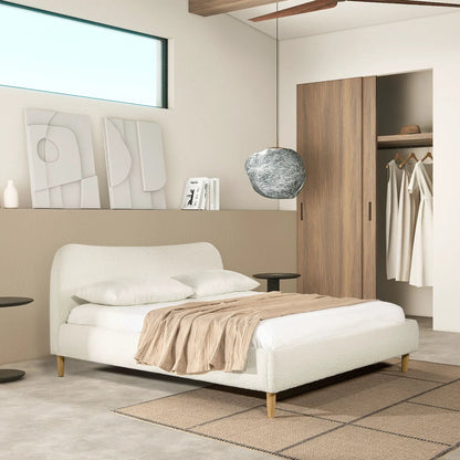 Roman curved headboard upholstered platform bed in white fabric by Unique Piece Furniture on Tampa Home & Garden Store