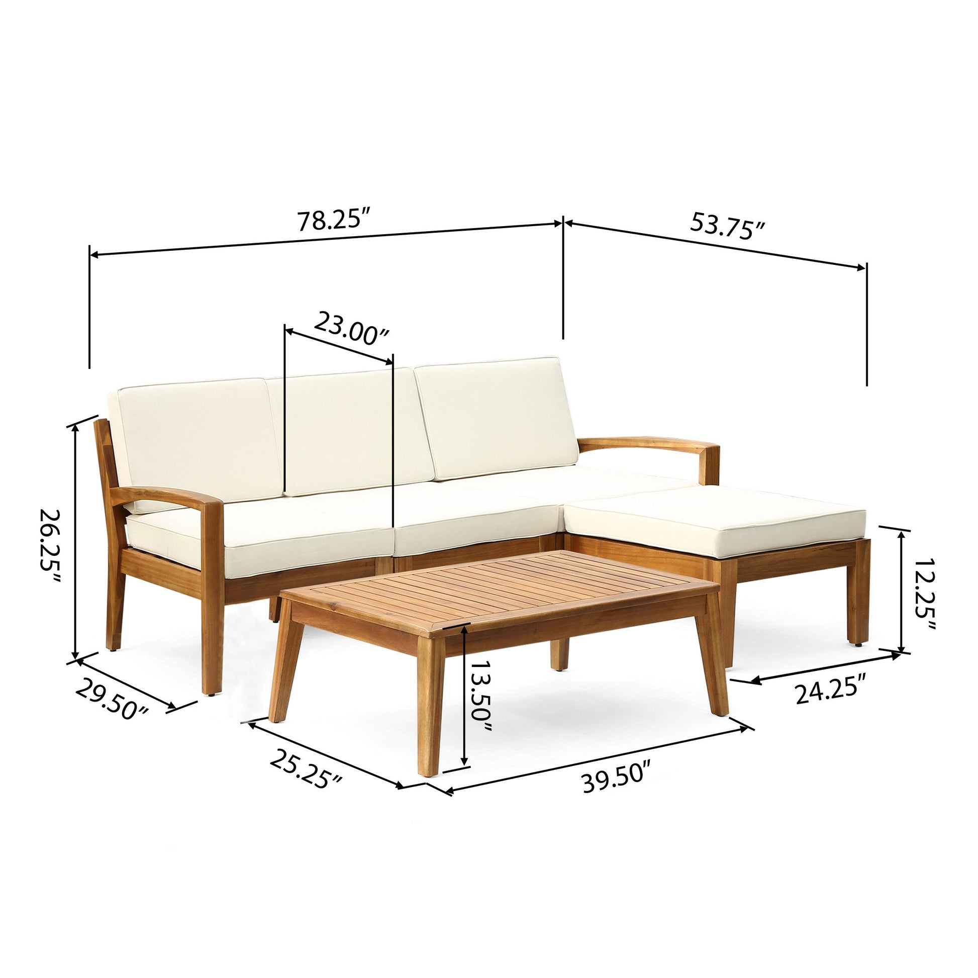 Outdoor L-shaped 3-piece acacia wood patio sofa set with cream cushions on Tampa Home & Garden Store