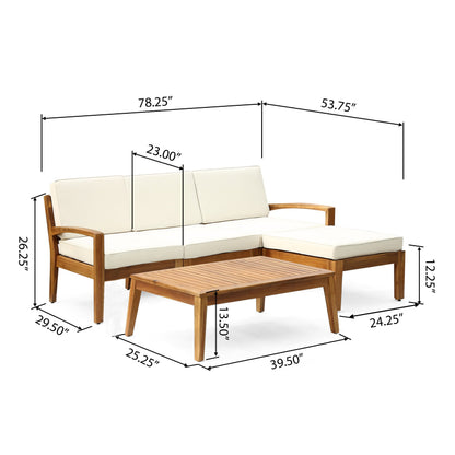 Outdoor L-shaped 3-piece acacia wood patio sofa set with cream cushions on Tampa Home & Garden Store