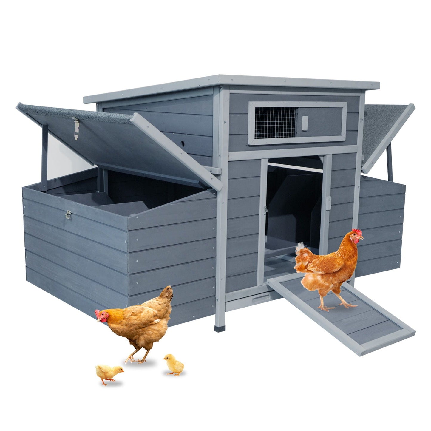 Large Chicken Coop Hen House & Dual Nesting Boxes gray wooden coop with ramp HouseOfZazla on Tampa Home & Garden Store