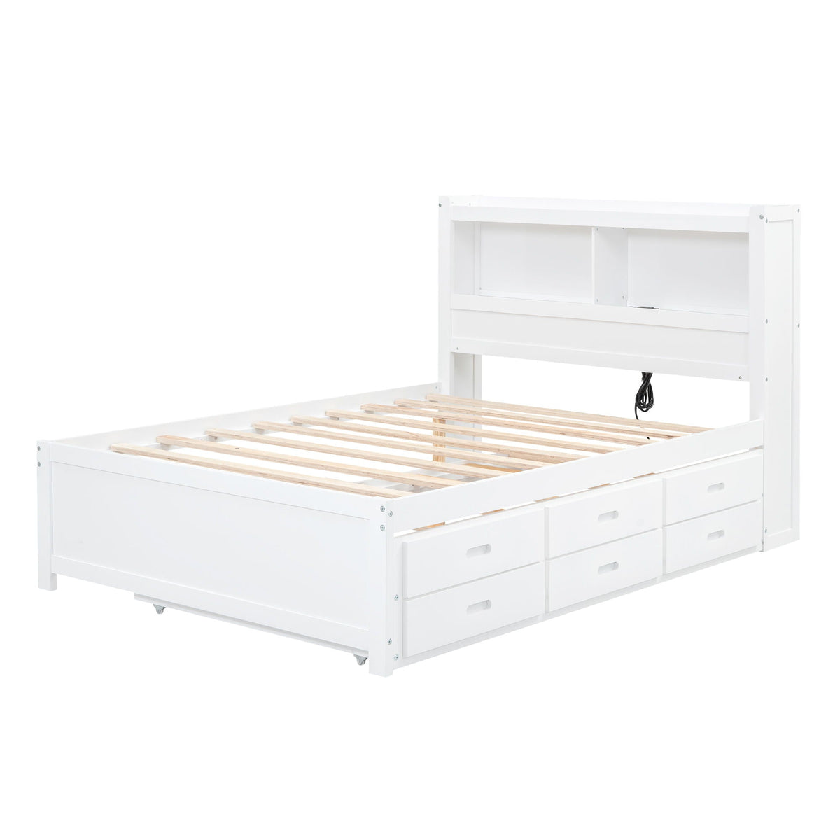 Full-size white platform bed with built-in shelves and drawers, trundle on Tampa Home & Garden Store