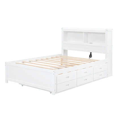Full-size white platform bed with built-in shelves and drawers, trundle on Tampa Home & Garden Store