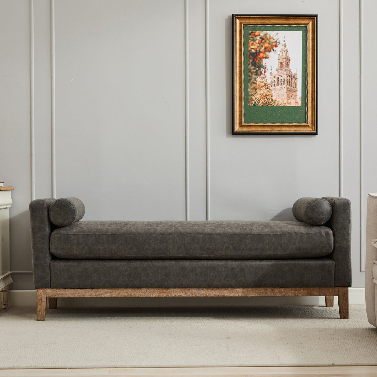 65.5W upholstered end of bed bench with weathered finish, charcoal fabric, wooden legs on Tampa Home & Garden Store