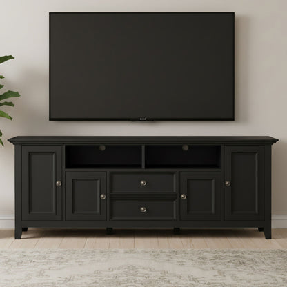 Wide solid wood TV stand in black with open central shelf and side cabinets HouseOfZazla on Tampa Home & Garden Store